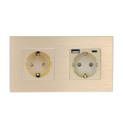 Подвійна розетка WALLPAD з USB A+C 20Вт, із заземленням, шторки, золота, алюмінієва рамка, 250В, 16А