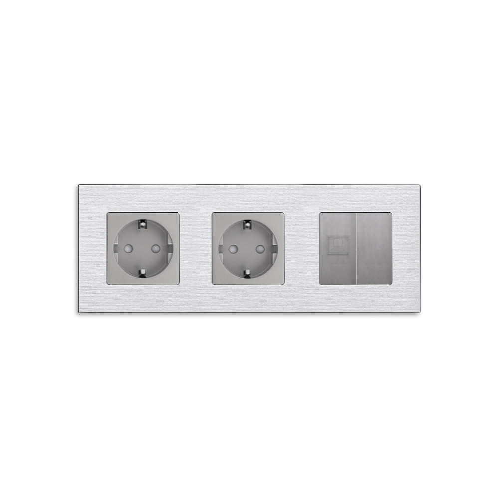 Розетка тримісна WALLPAD Силова + Інтернет RJ-45, сіра, настінна, алюмінієва рамка