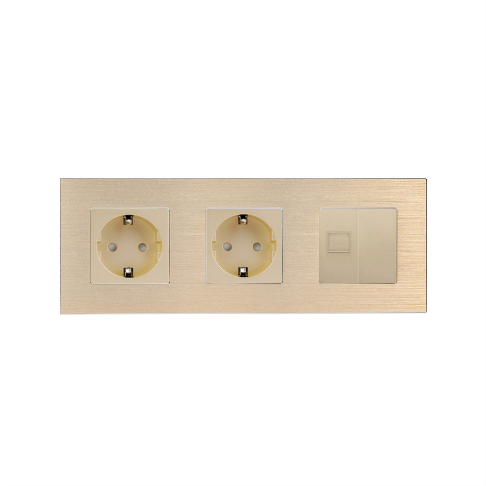 Розетка тримісна WALLPAD Силова + Інтернет RJ-45, золота, настінна, алюмінієва рамка