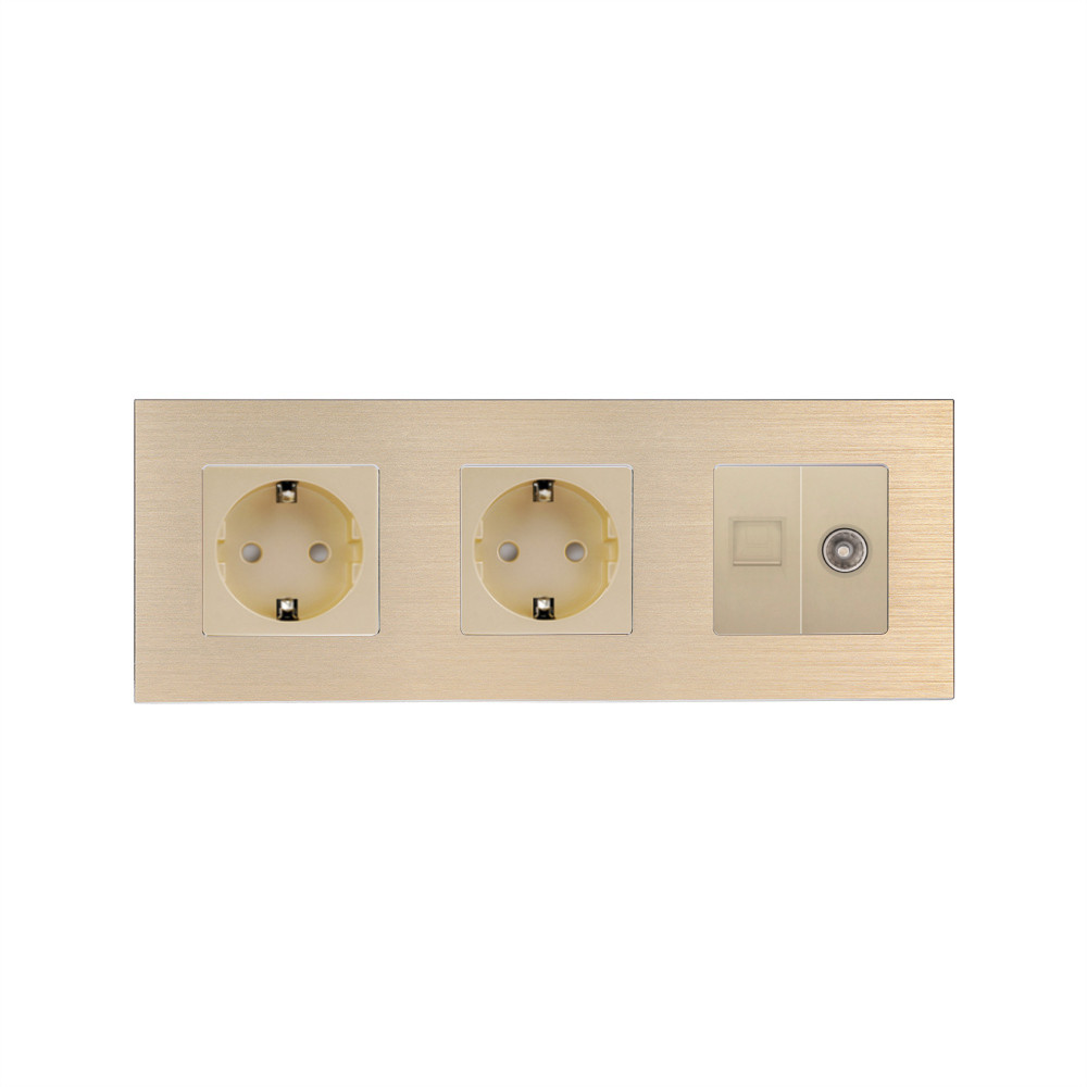 Розетка тримісна WALLPAD Силова + Інтернет RJ-45 + ТБ, золота, настінна, алюмінієва рамка