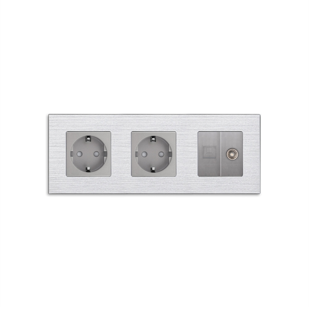 Розетка тримісна WALLPAD Силова + Інтернет RJ-45 + ТБ, сіра, настінна, алюмінієва рамка