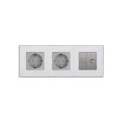 Розетка тримісна WALLPAD Силова + Інтернет RJ-45 + ТБ, сіра, настінна, алюмінієва рамка