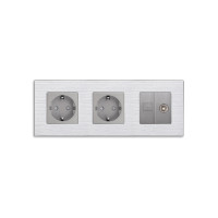 Розетка тримісна WALLPAD Силова + Інтернет RJ-45 + ТБ, сіра, настінна, алюмінієва рамка