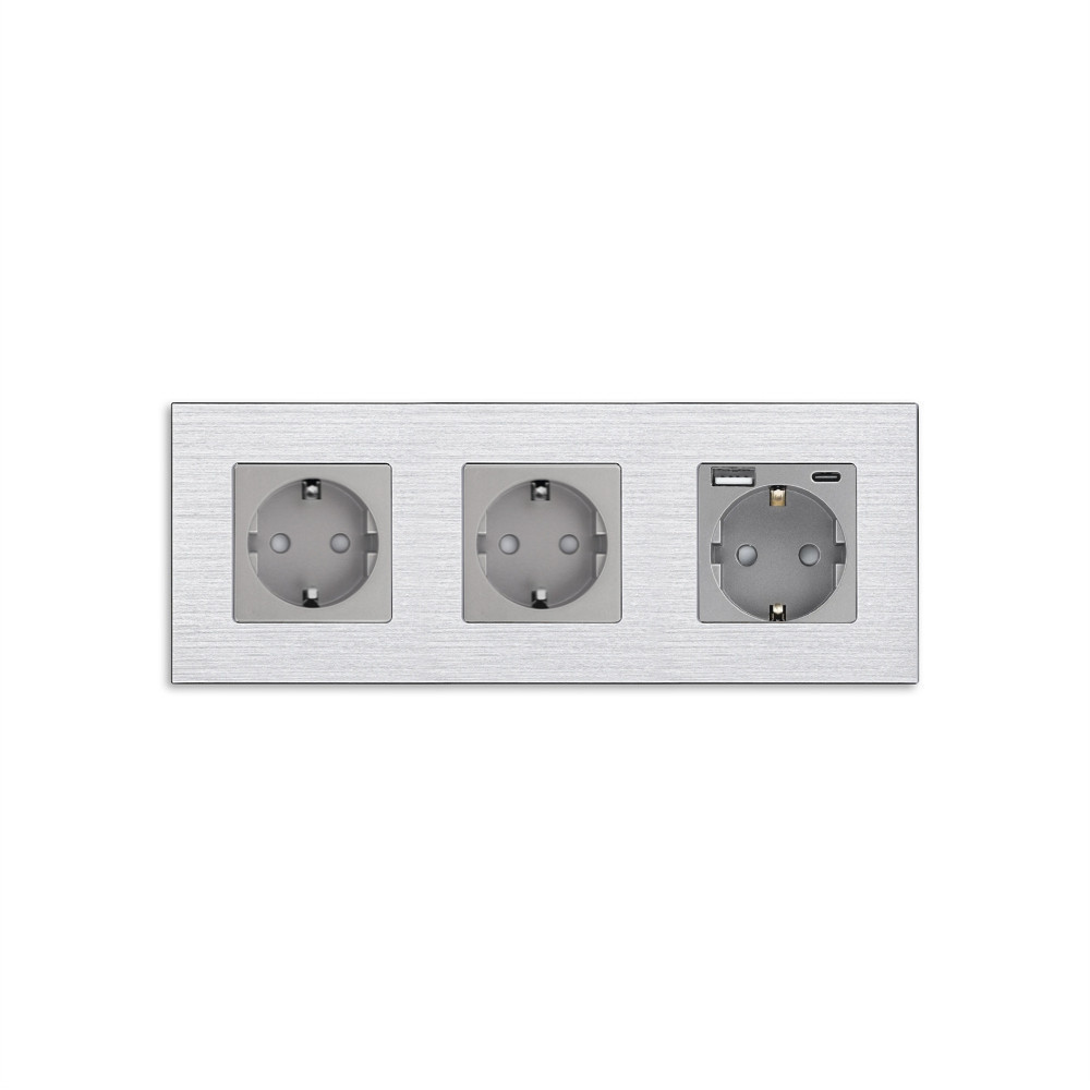 Розетка WALLPAD з USB A+C 20Вт, із заземленням, шторки, сіра, алюмінієва рамка, 250В 16А