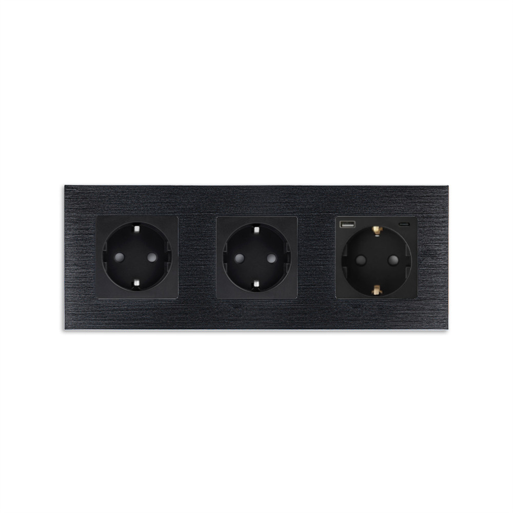 Розетка WALLPAD з USB A+C 20Вт, із заземленням, шторки, чорна, алюмінієва рамка, 250В 16А
