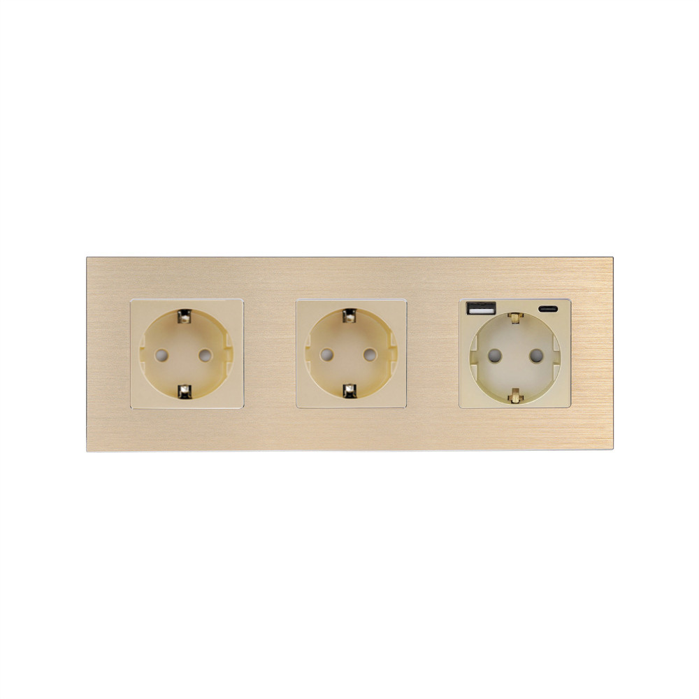 Розетка WALLPAD з USB A+C 20Вт, із заземленням, шторки, золота, алюмінієва рамка, 250В 16А