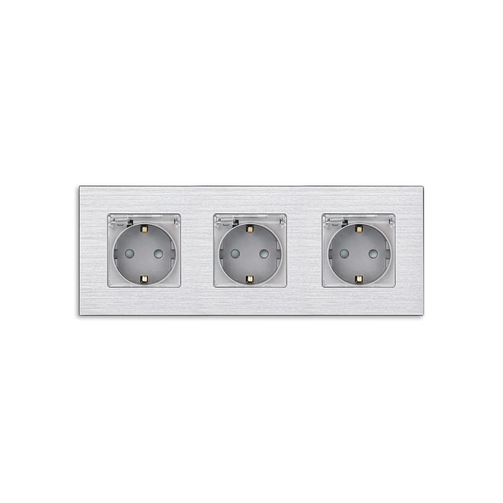 Потрійна електрична розетка WALLPAD з кришкою IP44, із заземленням, шторки, сіра, алюмінієва рамка, 250В 16А