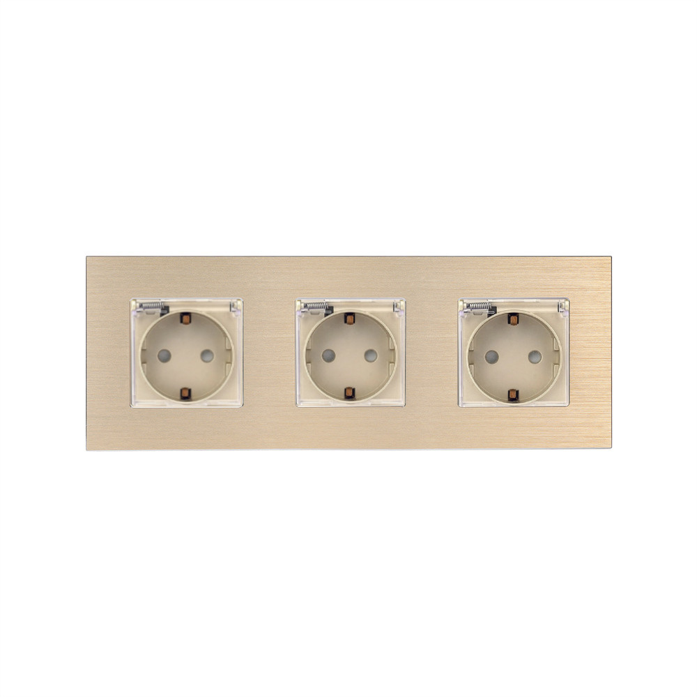 Потрійна електрична розетка WALLPAD з кришкою IP44, із заземленням, шторки, золота, алюмінієва рамка, 250В 16А