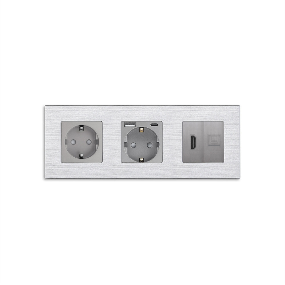 Розетка WALLPAD з USB 20Вт, HDMI і Інтернет RJ-45, із заземленням, шторки, сіра, алюмінієва рамка, 250В 16А