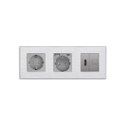 Розетка WALLPAD з USB 20Вт, HDMI і Інтернет RJ-45, із заземленням, шторки, сіра, алюмінієва рамка, 250В 16А
