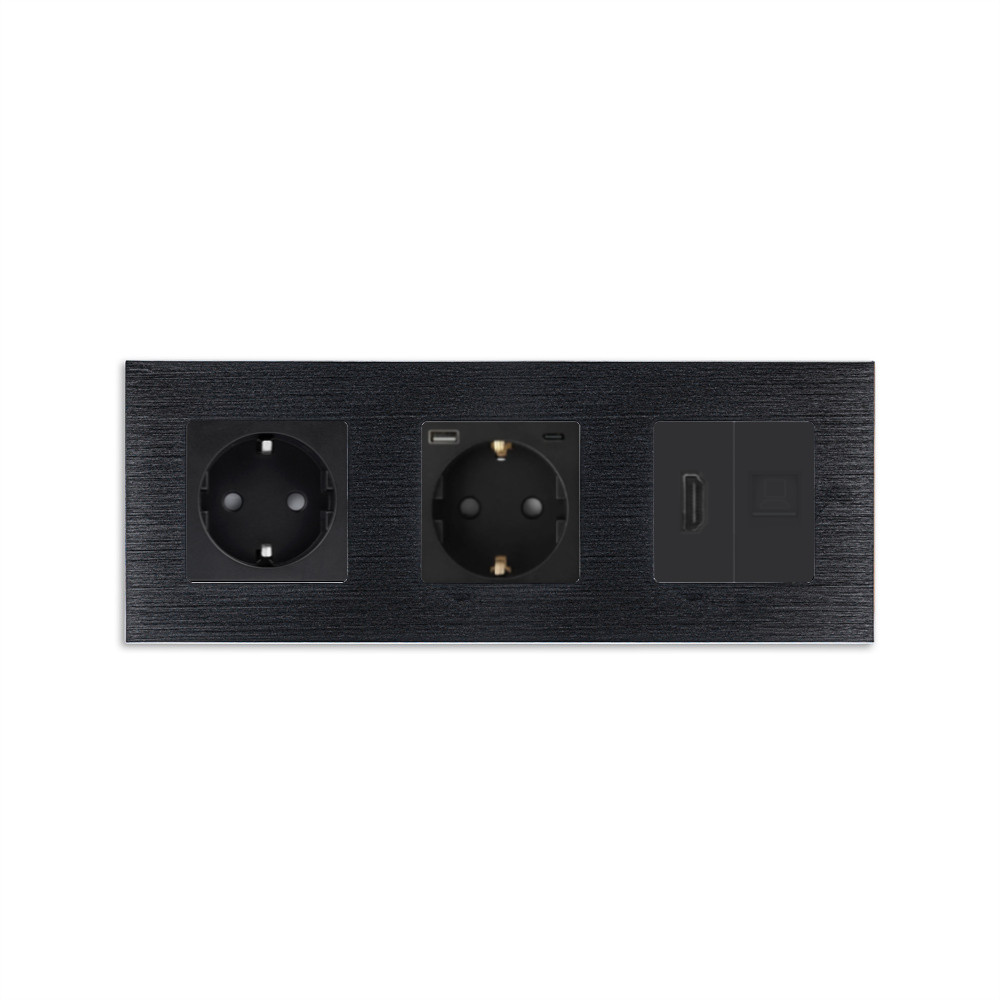 Розетка WALLPAD з USB 20Вт, HDMI і Інтернет RJ-45, із заземленням, шторки, чорна, алюмінієва рамка, 250В 16А