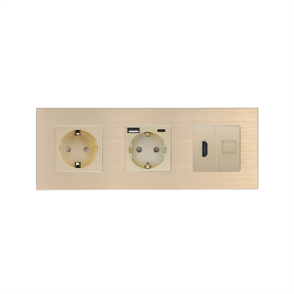Розетка WALLPAD з USB 20Вт, HDMI і Інтернет RJ-45, із заземленням, шторки, золота, алюмінієва рамка, 250В 16А