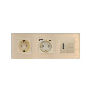 Розетка WALLPAD з USB 20Вт, HDMI і Інтернет RJ-45, із заземленням, шторки, золота, алюмінієва рамка, 250В 16А