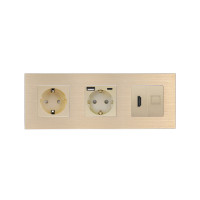 Розетка WALLPAD з USB 20Вт, HDMI і Інтернет RJ-45, із заземленням, шторки, золота, алюмінієва рамка, 250В 16А
