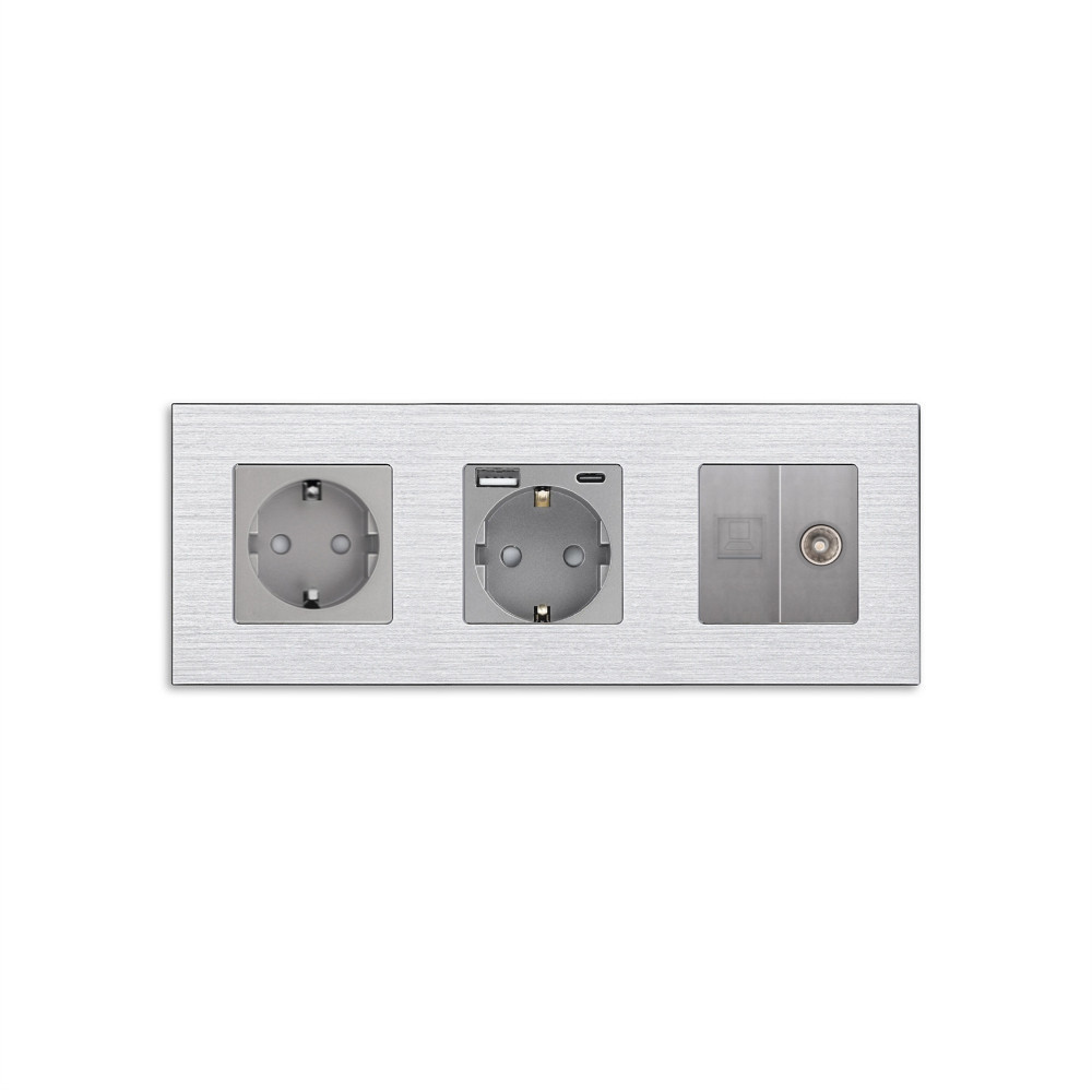 Розетка WALLPAD з USB 20Вт, Інтернет RJ-45 і ТВ виходом, заземлення, шторки, сіра, алюмінієва рамка, 250В 16А