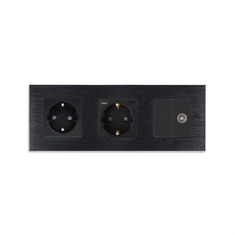 Розетка WALLPAD з USB 20Вт, Інтернет RJ-45 і ТВ виходом, заземлення, шторки, чорна, алюмінієва рамка, 250В 16А