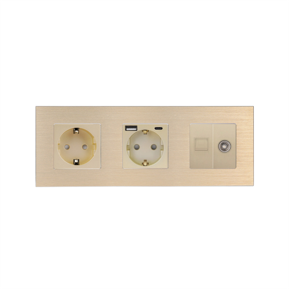 Розетка WALLPAD з USB 20Вт, Інтернет RJ-45 і ТВ виходом, заземлення, золота, алюмінієва рамка, 250В 16А