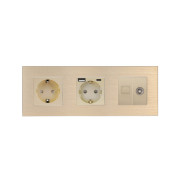 Розетка WALLPAD з USB 20Вт, Інтернет RJ-45 і ТВ виходом, заземлення, золота, алюмінієва рамка, 250В 16А