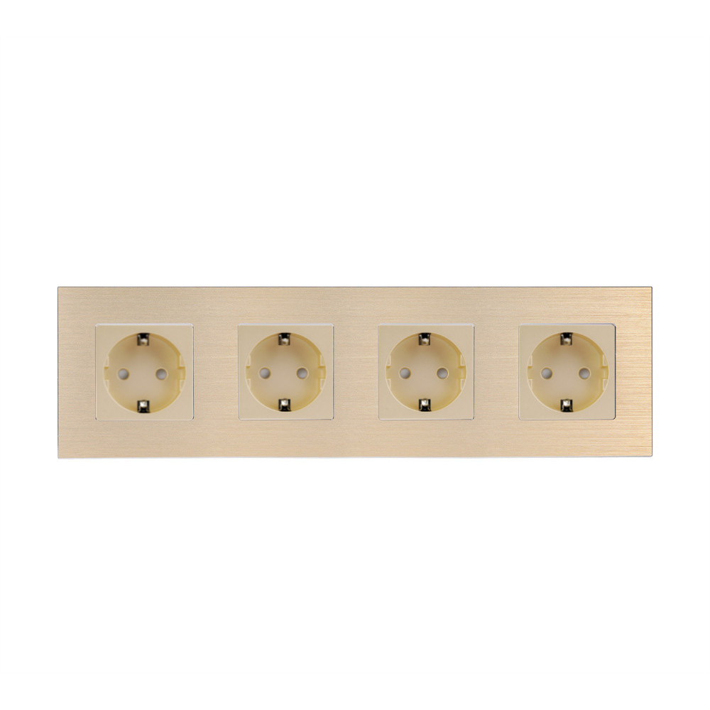 Чотиримісна електрична розетка WALLPAD із заземленням, шторки, золота, алюмінієва рамка, 250В 16А