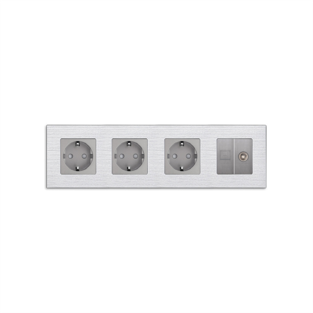 Розетка чотиримісна WALLPAD Силова + Інтернет RJ-45 + ТБ, сіра, настінна, алюмінієва рамка