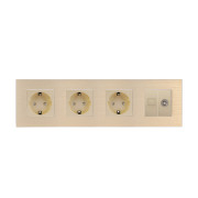 Розетка чотиримісна WALLPAD Силова + Інтернет RJ-45 + ТБ, золота, настінна, алюмінієва рамка