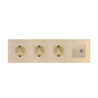 Розетка чотиримісна WALLPAD Силова + Інтернет RJ-45 + ТБ, золота, настінна, алюмінієва рамка