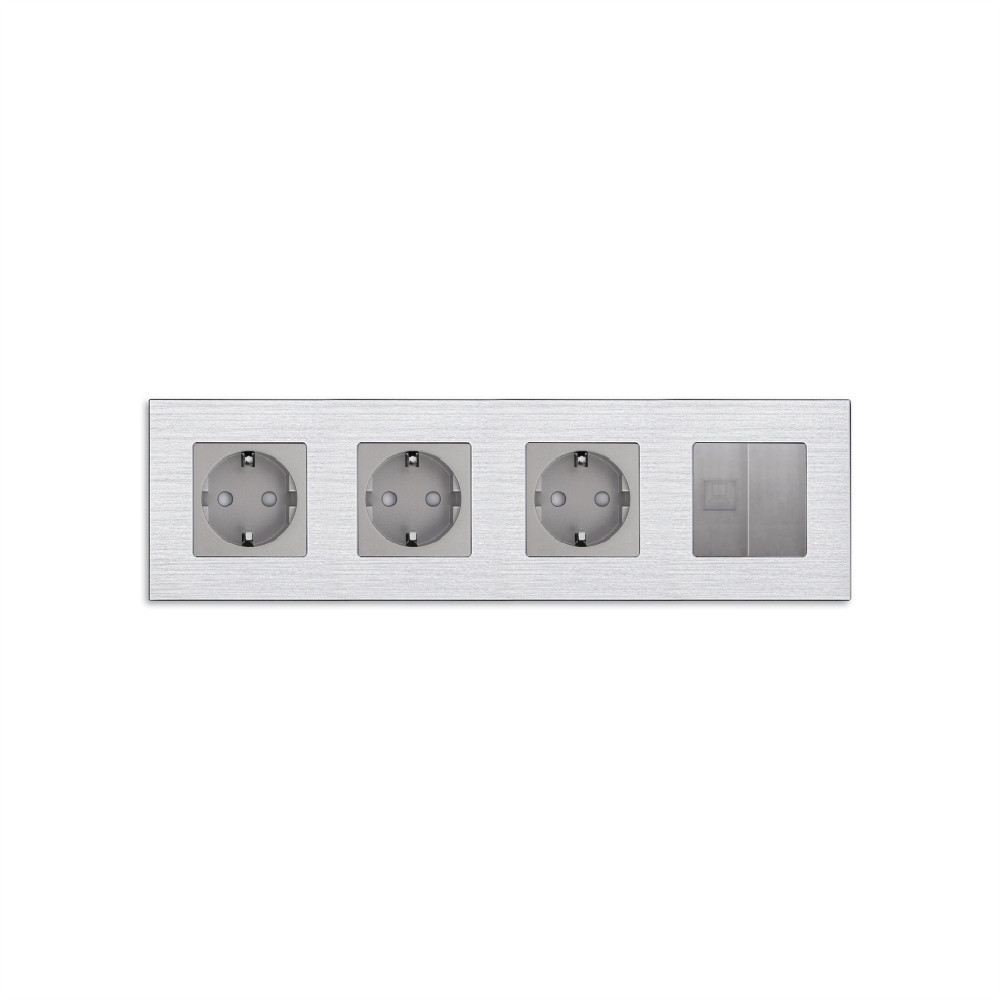 Розетка чотиримісна WALLPAD Силова + Інтернет RJ-45, сіра, настінна, алюмінієва рамка