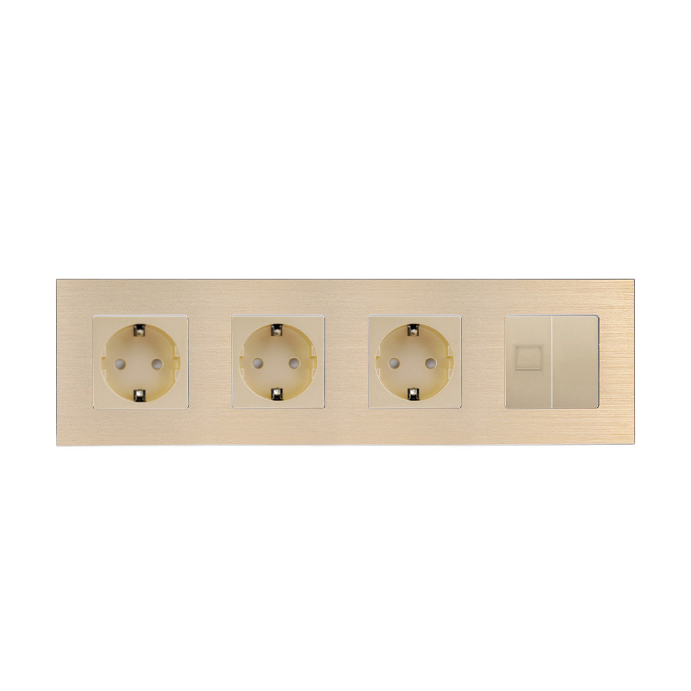 Розетка чотиримісна WALLPAD Силова + Інтернет RJ-45, золота, настінна, алюмінієва рамка