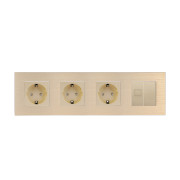Розетка чотиримісна WALLPAD Силова + Інтернет RJ-45, золота, настінна, алюмінієва рамка