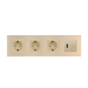 Розетка чотиримісна з HDMI і Інтернет RJ-45, WALLPAD золота, настінна, алюмінієва рамка