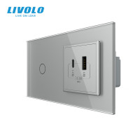 Сенсорний (дотиковий) вимикач LIVOLO з розеткою USB-A + USB-C 36Вт сірий скляна рамка