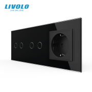 Сенсорний (дотиковий) вимикач 4 сенсори (2-2) з розеткою LIVOLO чорний скло