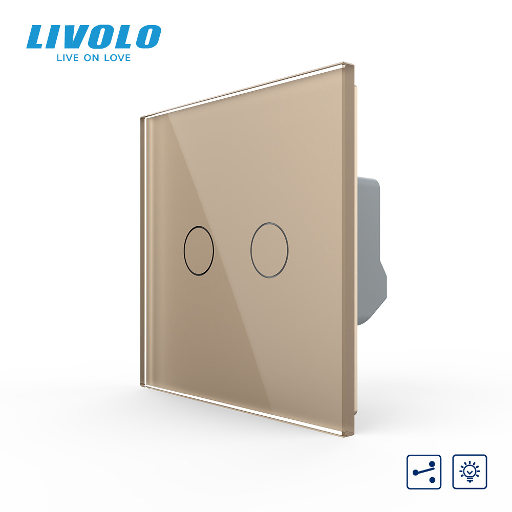 Сенсорний димер LIVOLO, 2-сенсорний, прохідний, золото, скляна панель, 2 А 230 В,