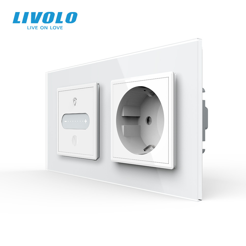 Розумний сенсорний димер з розеткою LIVOLO 16А 230В із заземленням, шторки, білий, скло