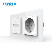 Розумний сенсорний димер з розеткою LIVOLO 16А 230В із заземленням, шторки, білий, скло