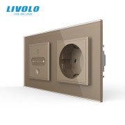 Розумний сенсорний димер з розеткою LIVOLO 16А 230В із заземленням, шторки, золото, скло
