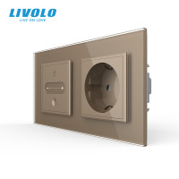 Розумний сенсорний димер з розеткою LIVOLO 16А 230В із заземленням, шторки, золото, скло