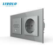 Розумний сенсорний прохідний димер з розеткою LIVOLO 16А 230В із заземленням, шторки, сірий, скло