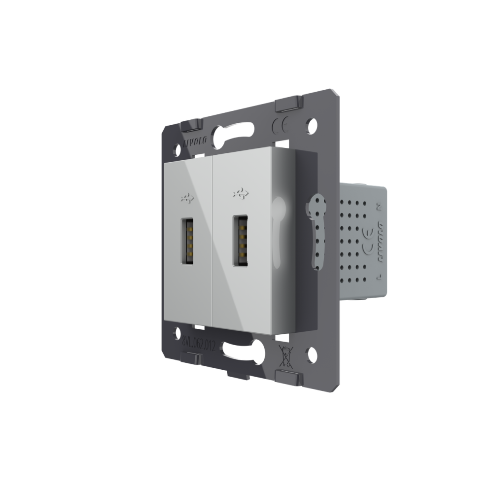 Подвійна розетка USB LIVOLO з блоком живлення, сіра скляна рамка, настінна, дизайнерська, для зарядки гаджетів