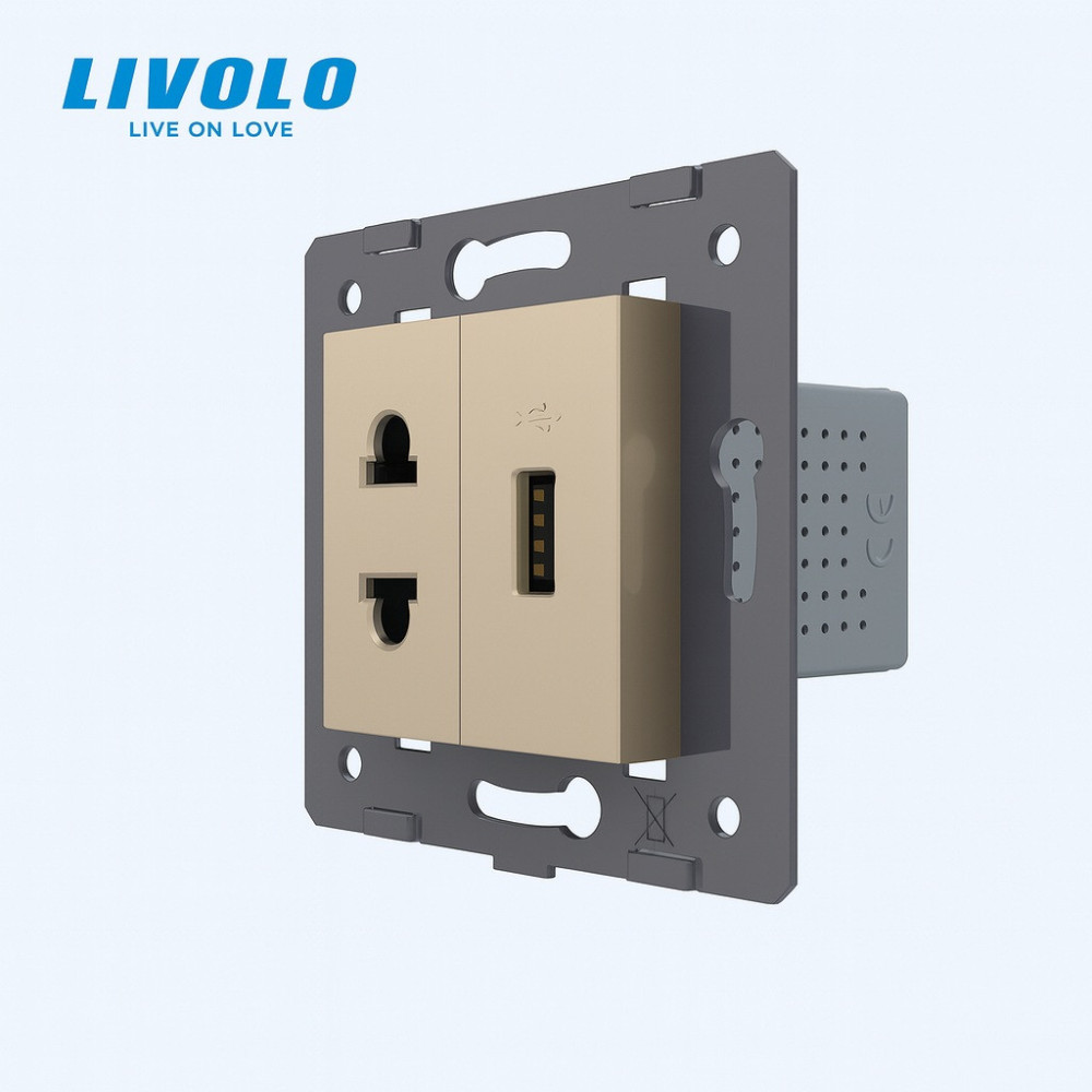 Універсальна розетка з USB LIVOLO, золота скляна рамка, настінна дизайнерська, з заземленням