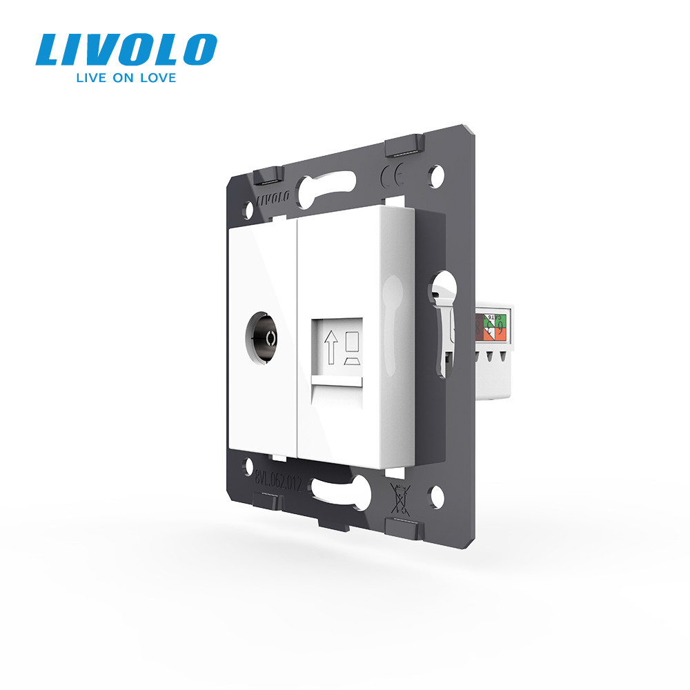Розетка комп’ютерна RJ-45 і ТВ LIVOLO біла, настінна дизайнерська, скляна рамка