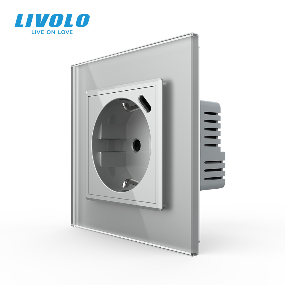 Розетка LIVOLO з USB Type-C 18Вт для зарядки, із заземленням, сіра скляна рамка, сенсорна настінна 250В 16А