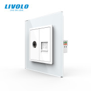 Комп’ютерна розетка RJ-45 + ТВ розетка LIVOLO, скляна рамка, білий колір, дизайнерська подвійна розетка