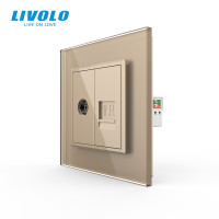 Комп’ютерна розетка RJ-45 + ТВ розетка LIVOLO, скляна рамка, золото, сучасний стиль