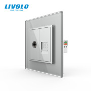 Комп’ютерна розетка RJ-45 + ТВ розетка LIVOLO, скляна рамка, сірий колір, настінна