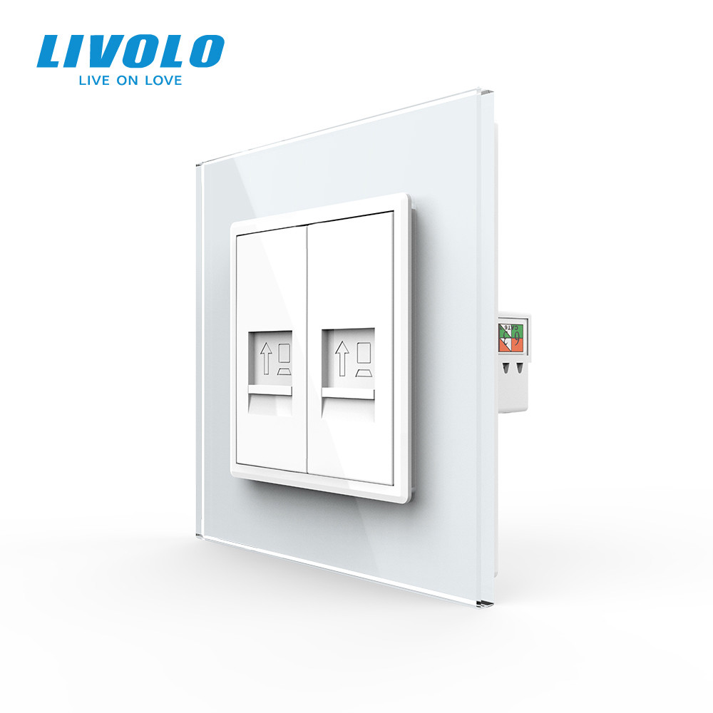 Розетка комп’ютерна подвійна RJ-45 LIVOLO, біла, скляна рамка, дизайнерська настінна