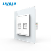 Розетка комп’ютерна подвійна RJ-45 LIVOLO, біла, скляна рамка, дизайнерська настінна