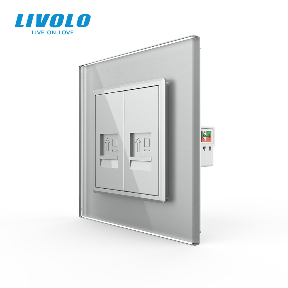 Розетка комп’ютерна подвійна RJ-45 LIVOLO, сіра, скляна рамка, дизайнерська настінна