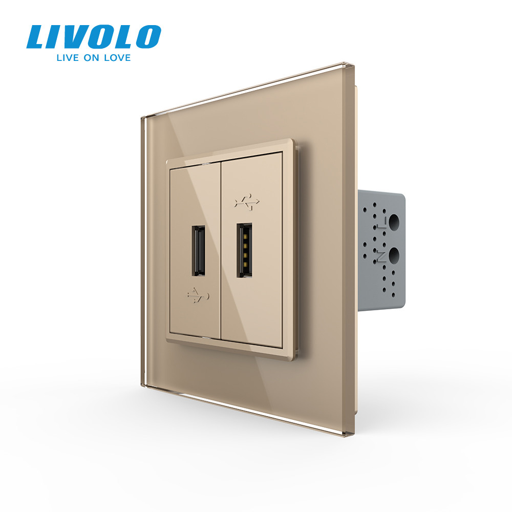 Подвійна розетка USB LIVOLO з блоком живлення, золота, скляна рамка, настінна, для зарядки телефонів