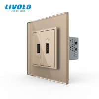 Подвійна розетка USB LIVOLO з блоком живлення, золота, скляна рамка, настінна, для зарядки телефонів